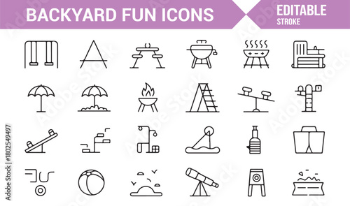 Modern Minimal Icons of Family Backyard Fun and Home Outdoor Activities
