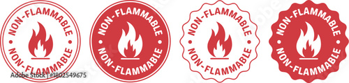 Set Of Four Red Non-Flammable Warning Stamps Or Badges Featuring A Flame Icon, Indicating Product Safety, Chemical Handling, And Hazardous Material Compliance