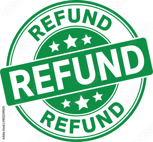 Bright green refund guaranteed money back seal vector stamp icon, emphasizing customer satisfaction, trust, and a reliable e-commerce return policy