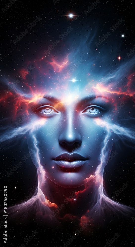 Fototapeta premium Cosmic Consciousness Human Face Nebula Galaxy Stars Enlightenment.