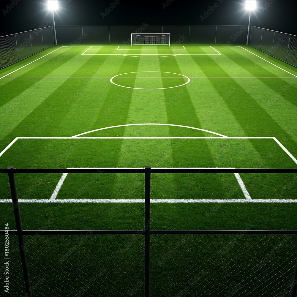 Fototapeta premium Illuminated Soccer Field at Night with Goal and Fencing