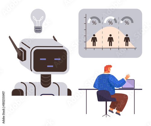 Robot with light bulb, data chart displaying user percentages, and person working on laptop. Ideal for innovation, technology, AI, data analytics, teamwork, decision-making and modern