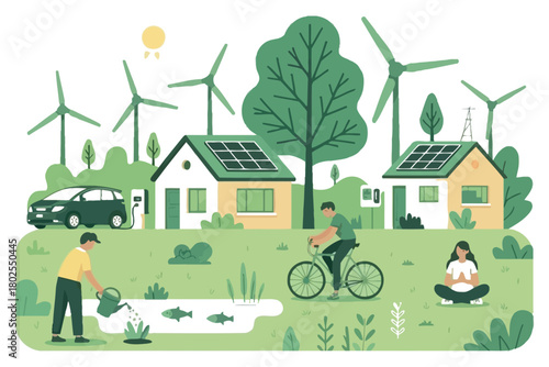 People live sustainably with renewable energy and eco-friendly lifestyles.