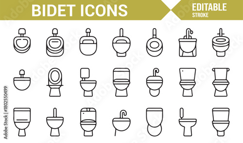 Comprehensive Minimal Icon Set of Bidets and Bathroom Installations
