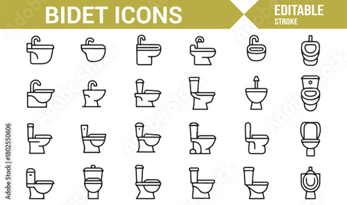 Modern Linear Icons of Plumbing Devices, Bidet Seats, and Toilets
