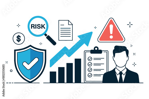Business professionals analyze risk and growth with charts and documents.
