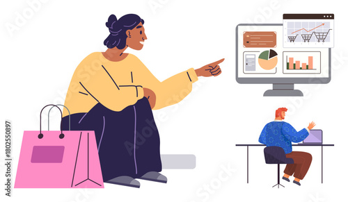 Woman gestures towards analytics on a screen featuring charts, shopping carts, and graphs, while another person sits at a desk with a laptop. Ideal for ecommerce, teamwork, data, collaboration