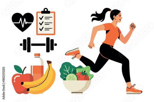 A woman runs while healthy food and fitness icons are depicted around her.