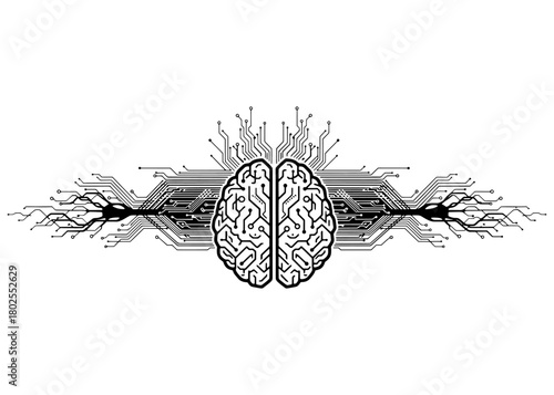 Artificial intelligence (AI) digital brain. A symmetrical circuit board pattern representing a neural network and data processing. Black and white vector.