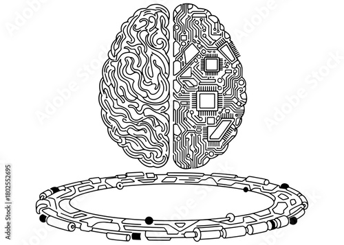 AI vs human intelligence. A brain split between an organic half and a digital circuit board half, floating above a futuristic tech hologram ring. Vector line art.