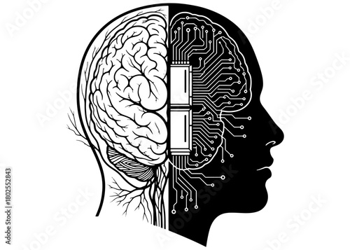 Cyborg head profile. Half human brain and nerves, half digital AI circuit board with processor. Futuristic technology concept. Black and white vector.