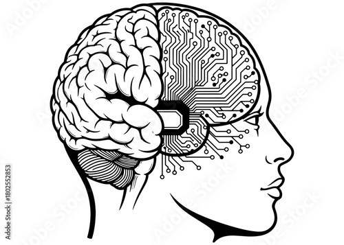 Cyborg head profile. Half organic human brain, half digital AI circuit board with a port. Futuristic technology line art vector.