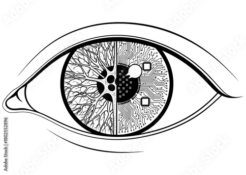  Cyborg eye with half organic neural network and half digital AI circuit board. Futuristic technology and computer vision concept. Vector line art.