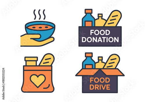 Icons represent food donation and food drives with canned goods and bread.