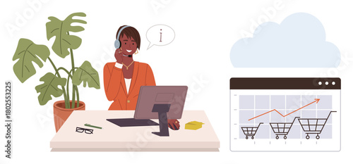 Woman in headset at desk interacting via computer, plant in background, graph of shopping cart trend analysis. Ideal for customer service, online business, e-commerce, sales growth, analytics, retail