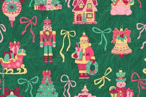 Seamless Christmas pattern. Design with bows, Christmas tree, sleigh, bell, bauble, Santa Claus, nutcracker, gingerbread house, snowman on dark green background. Vintage Christmas ornaments.
