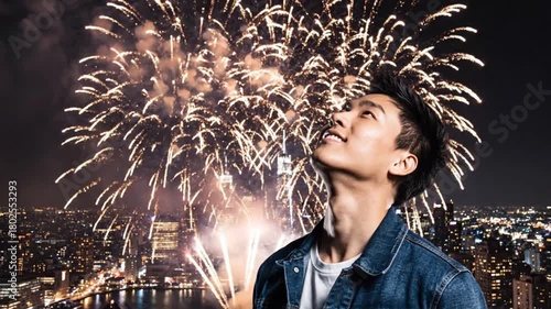 Awe-struck man observes dazzling fireworks display illuminating the cityscape against the night sky, creating a vibrant spectacle.