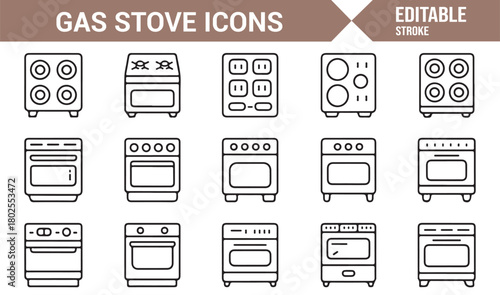 Comprehensive Line Icon Set of Gas Cookers and Kitchen Heat Appliances