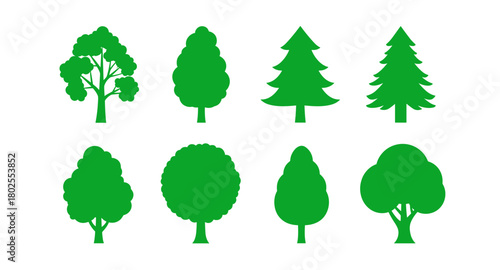 Minimalist green tree silhouettes set for nature designs