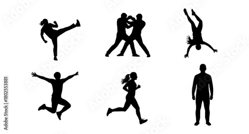 Dynamic silhouettes of active people engaged in various physical activities on white background