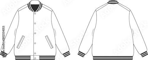 Varsity jacket flat cad drawing, front and back technical template, striped rib bomber outerwear sketch for garment tech pack