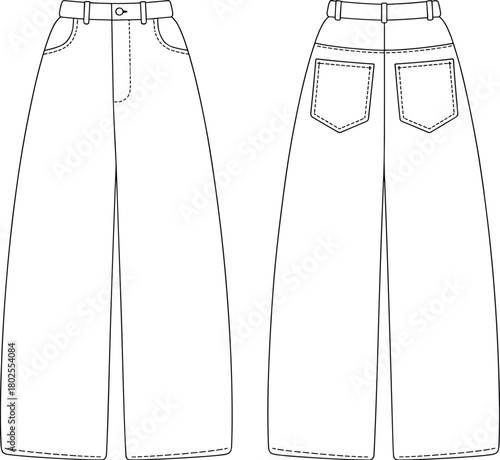 Wide leg jeans CAD drawing, flat technical vector illustration for fashion design, denim pants template
