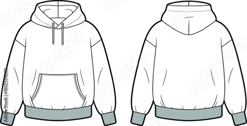 Unisex oversized hooded sweatshirt fashion flat sketch, front and back view, kangaroo pocket, ribbed hem and cuff template