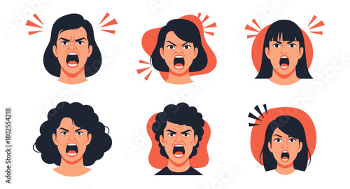 Expressive cartoon faces showing anger with diverse hairstyles and emotions