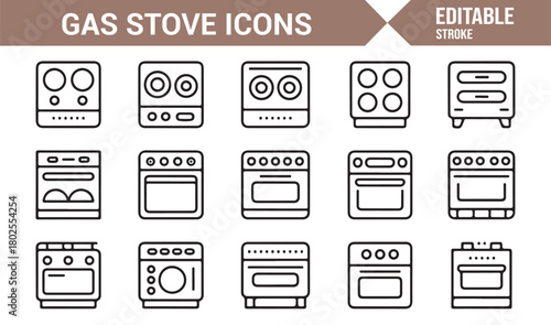 Editable Linear Icons of Gas Stoves, Ovens, and Cook tops for Kitchen Design