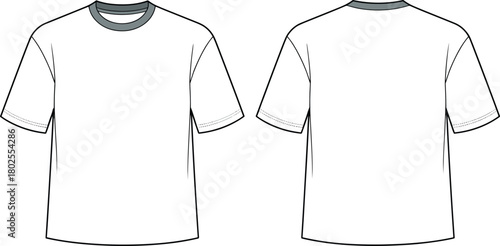 Unisex short sleeve ringer t-shirt flat illustration sketch front and back view, vector apparel design with contrast neckband, minimalist outline technical fashion template,