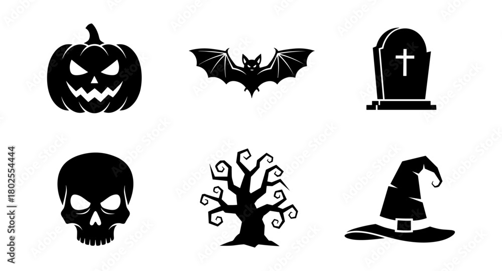 Fototapeta premium Halloween silhouettes: pumpkin, bat, tombstone, skull, tree, witch hat