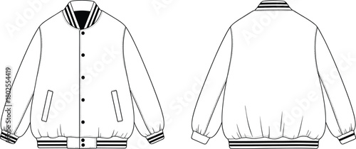 Varsity bomber jacket front and back cad drawing, flat fashion template with striped rib collar and cuffs, apparel technical vector illustration
