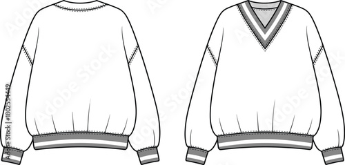 V neck varsity sweater technical fashion flat with striped rib hem and cuff front and back blank apparel template
