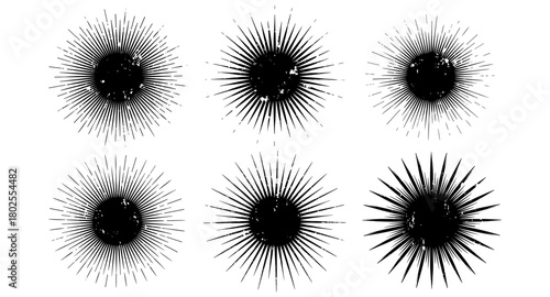 Set of grunge sunburst elements for vintage and retro design projects