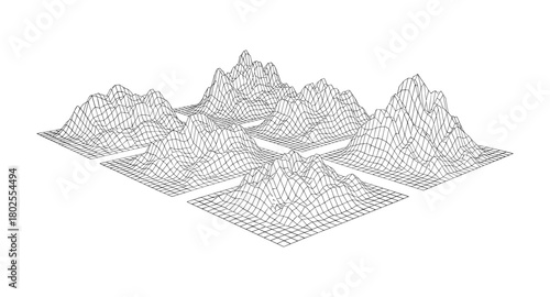 Wireframe grid mountain landscape with geometric peaks and 3d topography