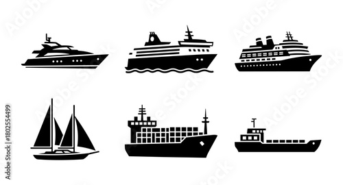 Silhouette collection of boats and ships: yachts, cargo, and cruise liners