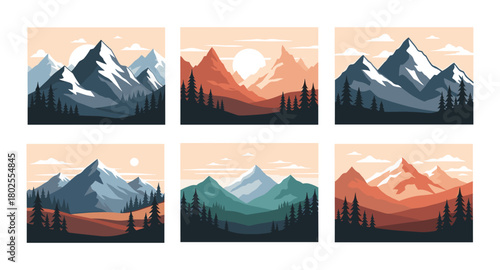 Scenic mountain landscapes with sunset and forest in flat design