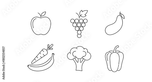 Minimalist line art of fruits and vegetables for healthy living designs