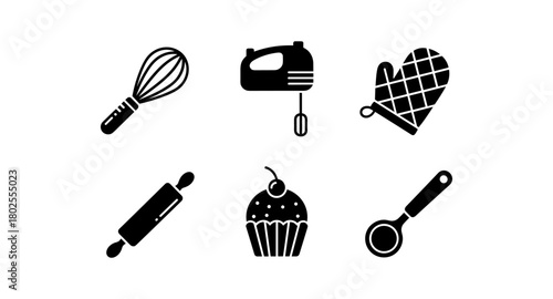 Silhouette kitchen utensils set: whisk, mixer, oven mitt, and more
