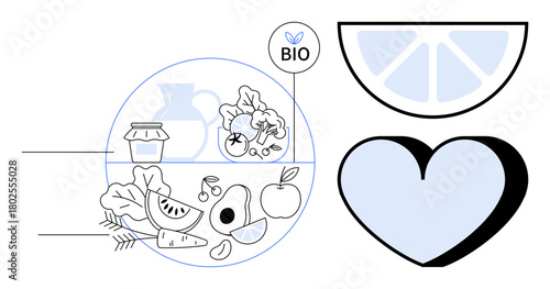 Fruits, vegetables, avocado, cheese, and a bio badge with lemon slice and heart shape emphasize healthy eating. Ideal for health, wellness, nutrition, organic food sustainability diet lifestyle