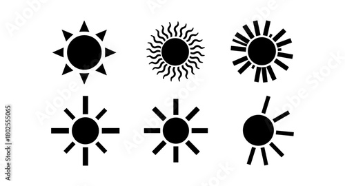 Set of minimalist sunburst icons in black and white