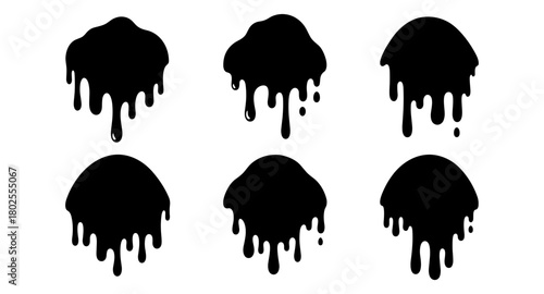 Set of dripping paint splatters - grunge black liquid shapes with melting effect