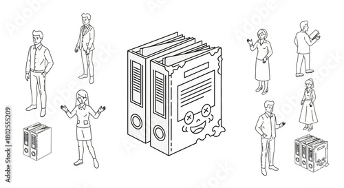 Cartoon office binders with people discussing and observing in outline style