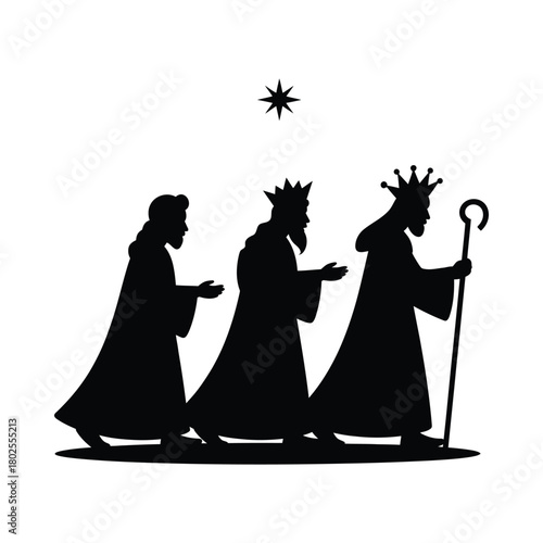 Three wise men silhouettes following a star