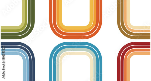 Retro geometric design with colorful bold curves and lines in seamless pattern