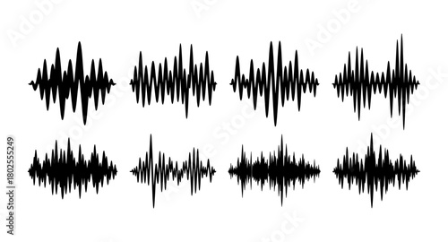 Audio waveform collection: diverse soundwave silhouettes for music and technology design