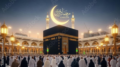 The holy kaaba in mecca with pilgrims and crescent moon for ramadan kareem
