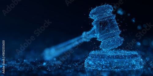 Digital gavel constructed from network nodes against dark backdrop symbolizing justice, concept for law technology, digital rights management and regulatory compliance
