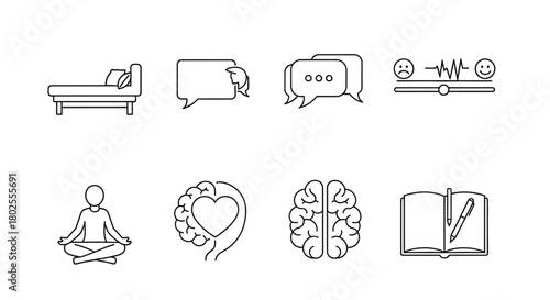 Linear icons of mental health and communication: meditation, brain, emotions