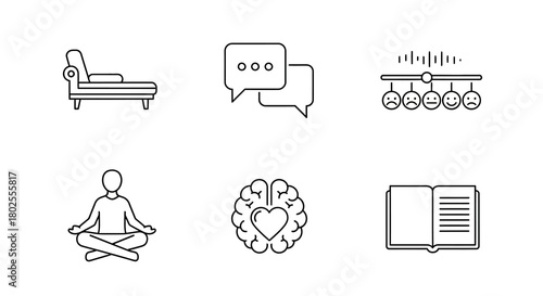 Wellness and mental health icons in minimalist line art style